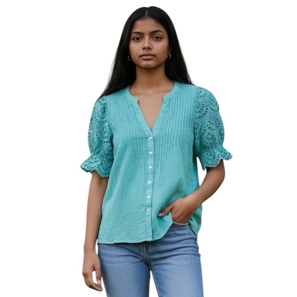 Nanette Lepore Tops - NANETTE LEPORE aqua button front loose fit eyelet puffy short sleeve top sz L
